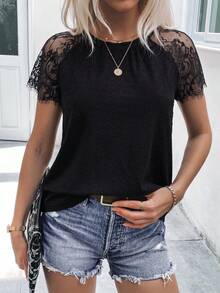 EMERY ROSE Camiseta de moda para mujer de unicolor con inserción de encaje en contraste y manga corta - Blanco - Ver 8