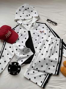 Comfortcana Women's Polka Dot Print Hoodie & Pants 2 Pieces Set - White - View 7