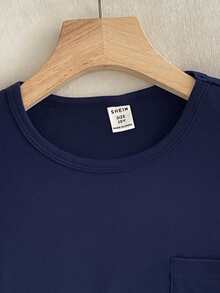 SHEIN 男童 2 件套居家服：海軍藍圓領短袖上衣，雙面刷毛布料，搭配藍白條紋梭織長褲，簡約舒適 - 藍白色 - 查看 4