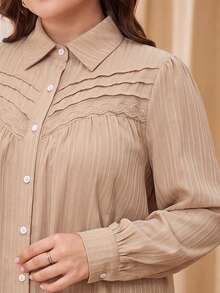 Lacomfia Plus Size Women Solid Color Contrast Lace Long Sleeve Single-Breasted Blouse - Apricot - View 6