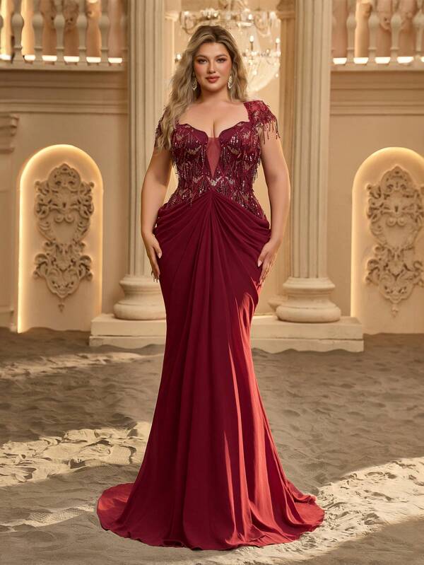Glamrae Plus Size Elegant Romantic Sexy Burgundy Tassel Sequin Patchwork Elastic Mesh Fabric Deep V Pleated Design Mermaid Tail Train Long Dress Suitable For Ball, Wedding, Birthday Party, Formal Evening Event