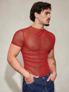 FeverCity Men's Solid Color Mesh Short Sleeve Slim Fit T-Shirt - Red - View 4