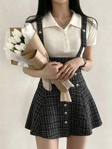 FRIFUL Women's Plaid Casual 70s 70's Inspired Preppy Versatile Daily Wear Suspenders Mini Skirt Date School Black Plaid Autumn Cute Tops - Black and White - View 3