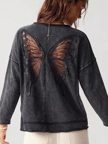 Bohemela Women's Back Patchwork Butterfly Embroidered Mesh Drop Shoulder Long Sleeve Casual Loose T-Shirt - Black - View 6