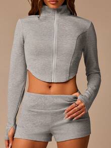 Athîral Women's Casual Stand Collar Long Sleeve Curved Hem Top And Shorts Sports Set, Suitable For Casual Yoga Running Daily Workout Gym Wear - Grey - View 6