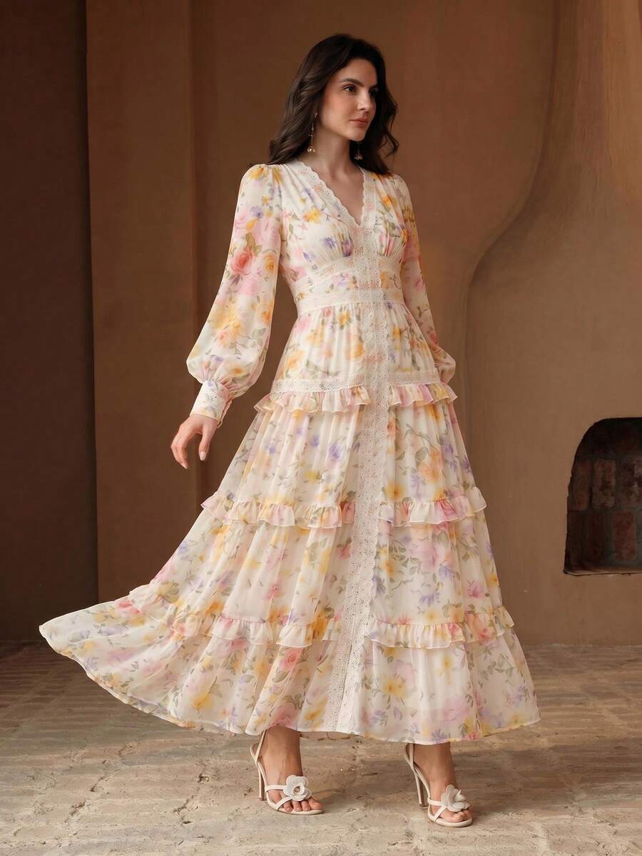 Anewsta New Fashion Romantic Ruffle Trim Patchwork V-Neck Puff Long Sleeve Vacation Holiday Outfit Long Women's Summer Dress - Apricot - View 1