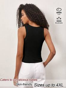 SHEIN BASICS Plus Size Women's Solid Color Round Neck Casual Versatile Tank Top - Black - View 5