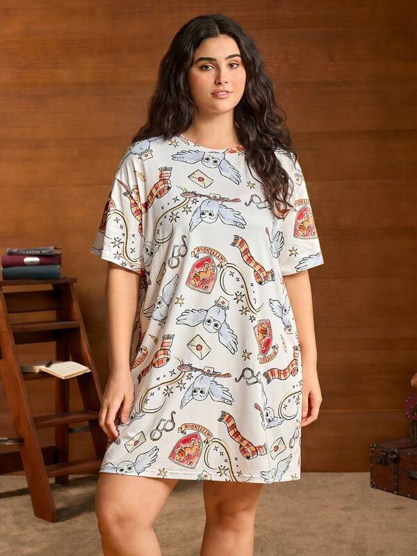 HARRY POTTER X SHEIN Camisón de mujer de talla grande con estampado floral y ajuste holgado, vestido de dormir de verano para mujer, vestido de pijama, vestido de salón, camisón Moo Moo, ropa de otoño para mujer