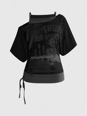 Grunge Punk T-shirt vintage da festa del festival musicale con stampa teschio tie-dye, ampia, con spalle scoperte, 2 in 1, taglie forti