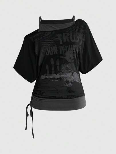 Grunge Punk Vintage Musikfestival Party Totenkopf Batik Muster locker sitzend Off-Shoulder 2 in 1 Große Größen T-Shirt