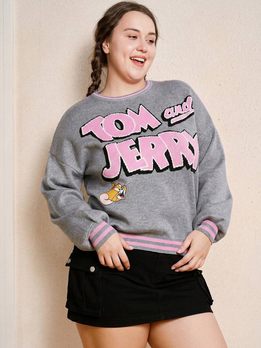 TOM & JERRY X SHEIN 加大碼漫畫和字母圖案下肩圓領毛衣 - 灰色 - 查看 1