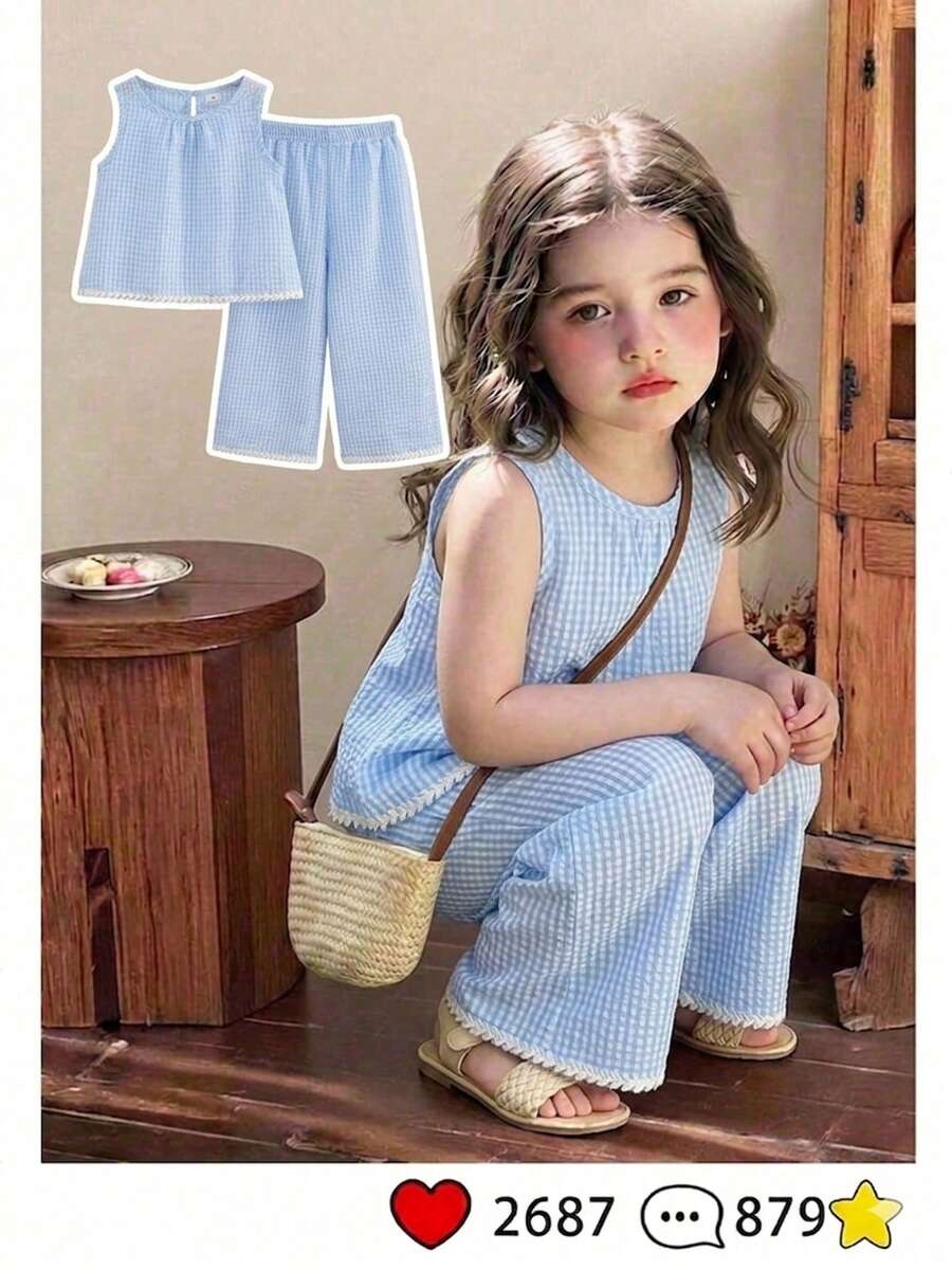 Souflis Souflis 女童夏季黑白極簡優雅風直條紋花卉刺繡無袖上衣+寬腿褲套裝,適合日常出遊、休閒旅行、校園穿搭、派對活動、拍照穿搭 - 藍色 - 查看 1