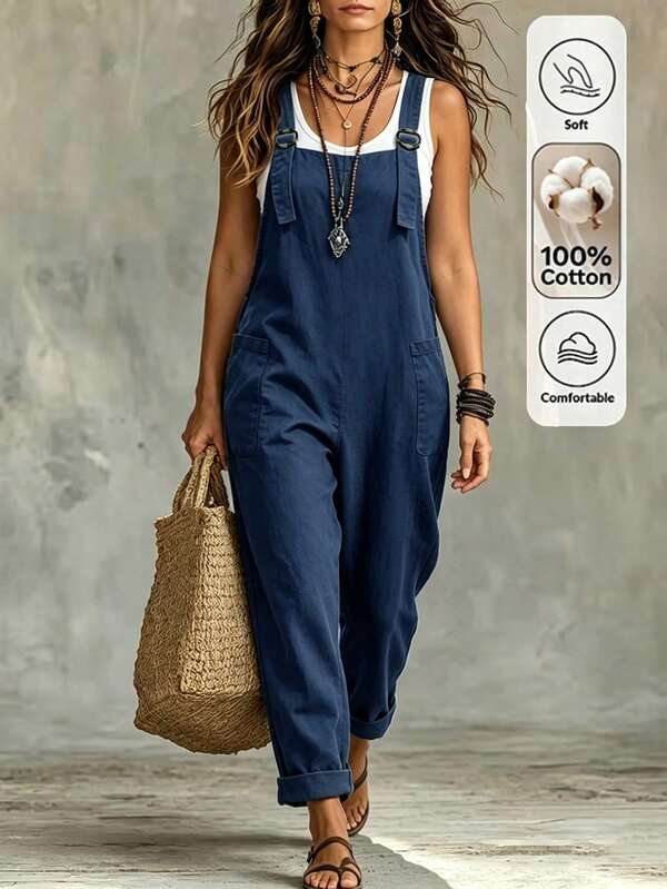 Linhara CURVE Plus Size Women's Solid Color Loose Jumpsuit , Fashionable And Comfortable Bib Jumpsuit ,Suitable For Vacation & Daily Wear, Spring/Summer,