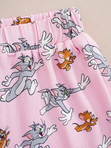 TOM & JERRY X SHEIN Young Girl Cartoon Print Top & Shorts Loungewear - Pink - View 5