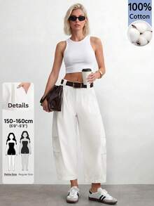 SHEIN PETITE Women's Solid Color Pleated Casual Versatile Daily Travel Long Pants - White - View 4