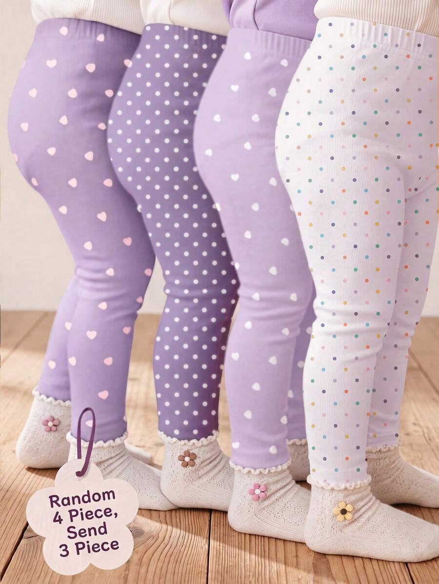 SHEIN 溫柔百搭迷你波點與愛心系列,女嬰可愛舒適休閒打底褲,彈性打底褲適合四季日常穿著,甜美風格,休閒穿著,易穿脫 - 白色 - 查看 1