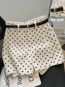 SHEIN Franclia 女款黑白波點鈕扣中腰直筒寬腿運動短褲，通勤早午餐約會辦公日常夏秋法式優雅 - 杏色 - 查看 5