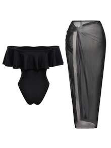 SHEIN Swim Setelan 2 Potong Wanita untuk Liburan Pantai Musim Semi/Panas, Seksi, Liburan Tropis, Pesta Tepi Laut, Gaun Maxi Satu Potong dengan Belahan dan Tali Bahu Tipis, Warna Hitam - Hitam - View 4