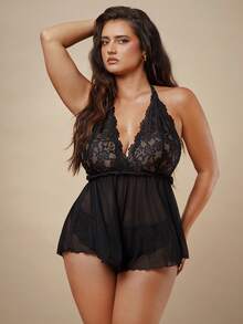 SHEIN BAE CURVE 大码蕾丝拼接露背透视网眼紧身衣内衣 - 黑色 - 查看 4