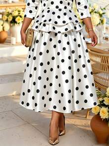 SHEIN Lady 大尺碼女款波點圖案優雅喇叭裙 秋季 - 黑與白 - 查看 4