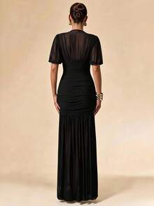 SHEIN BAE Spring/Summer Solid Black Wrap Shawl Elegant Sheer Slim Fit Ruched Extra Long Mesh Dress, Dinner, Bridesmaid, Women's Tea Party, None - Black - View 2