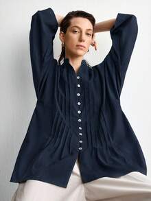 Aalyst Women's Summer New Cotton Linen Casual Minimalist Slouchy Versatile Holiday Premium Striped Craftsmanship Premium Shell Button V-Neck Premium Drop Shoulder Long Sleeve Blouse - Navy Blue - View 6