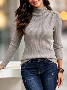 SHEIN Women's Elegant French Chic Vertical Rib Blouse Twist Mock Neck Decor Buttons Slim Fit Layering Tee - Apricot - View 4
