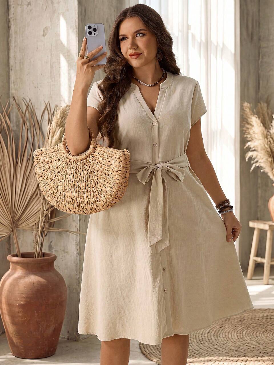 Women's Plus Size Small V-Neck Short Sleeve Beige Shirt Summer Outfit Country Concert Light Textured Waist Tie Dress Dinner Vacation Beach Office