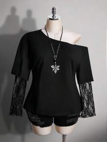 SHEIN ICON 女款大尺碼秋冬復古性感千禧風Y2K簡約休閒街頭風露肩上衣 - 黑色 - 查看 3