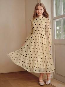 Anewsta Girls' Elegant Fashion Black Polka Dot Stand Collar Ruffle Puff Sleeve Long Sleeve Apricot Dress, Spring/Autumn Long Sleeve Dress. Suitable For Daily Wear. - Apricot - View 4