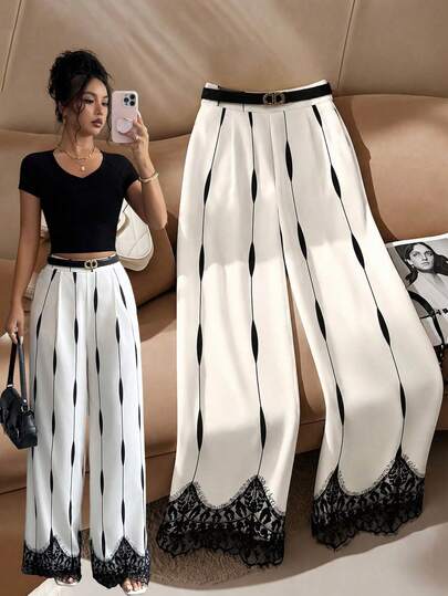 SHEIN Women's Apricot & Black Water Drop Stripe Print Contrast Lace Wide Leg Pants, Summer Elegant Office High Waist Flowy Casual Long Pants, Lace Long Pants, Minimalist Style
