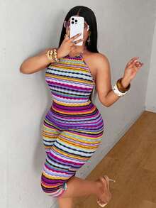Maweii 2025 New Colorful Striped Skinny Jumpsuit, Plus Size High Elasticity - Multicolor - View 6