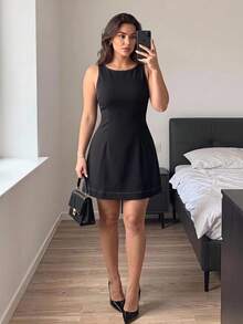 Hourglow Plus Size Sleeveless Backless Casual Vacation Dress Formal Black And White Summer - Black - View 8