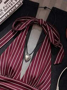 Attitoon Halter Deep V-Neck Cinched Waist A-Line Backless Old Money Style Tank Top - Burgundy - View 5