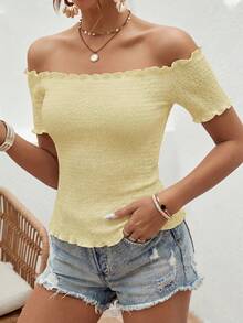 SHEIN VCAY Camiseta de mujer para vacaciones de unicolor con volantes, hombros descubiertos y manga corta - Albaricoque - Ver 6