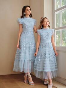 Anewsta Girls' Spring/Summer New Light Blue Lace A-Line Dress, Short Sleeve Tween Girl' Dress - Blue - View 1