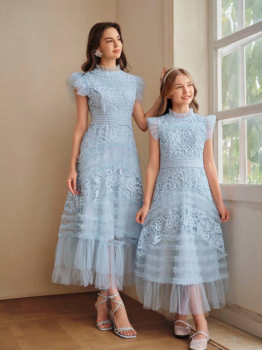 Anewsta Girls' Spring/Summer New Light Blue Lace A-Line Dress, Short Sleeve Tween Girl' Dress - Blue - View 1