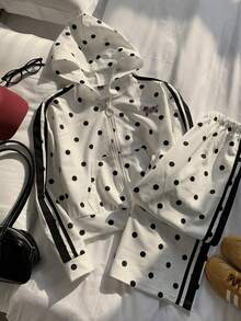 Comfortcana Women's Polka Dot Print Hoodie & Pants 2 Pieces Set - White - View 9