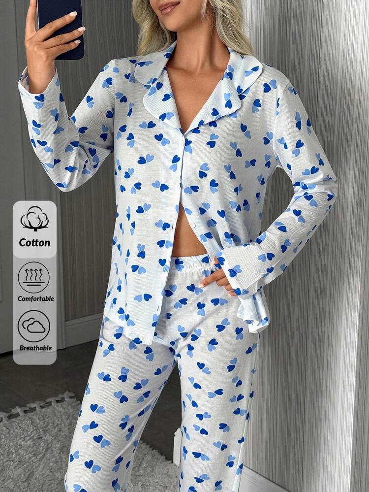 SHEIN Cotton Women 2pcs White Heart Pattern Long Sleeve Button Front Detail Shirt&Long Pants Casual PJ Set - White - View 5