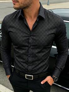 Manfinity Mode 大尺碼男士奢華黑色圖案襯衫，秋季商務休閒俐落辦公正式正裝襯衫，立領設計師長袖襯衫，儀式適用 - 黑色 - 查看 3