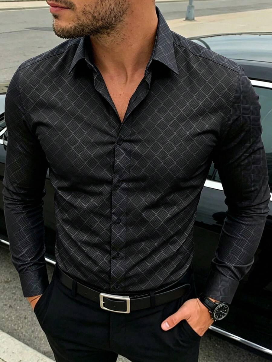 Manfinity Mode Áo sơ mi nam size lớn cao cấp màu đen họa tiết, áo sơ mi công sở lịch sự phong cách business casual cho mùa thu, cổ đứng, tay dài, thiết kế thời trang, mặc lễ nghi - màu đen - Xem 1