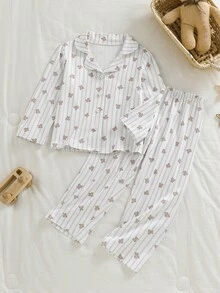 幼兒簡單時尚休閒熊圖案條紋滿版印花針織 Polo 短袖上衣與短褲 2 件套，舒適阻燃面料，適合男孩居家休閒穿著 - 彩色 - 查看 4