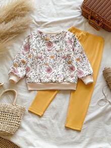 SHEIN Vintaside Kids 女童黃色漸層花卉長袖運動衫與黃色羅紋內搭褲套裝，可愛時尚休閒春秋冬穿搭 - 彩色 - 查看 2