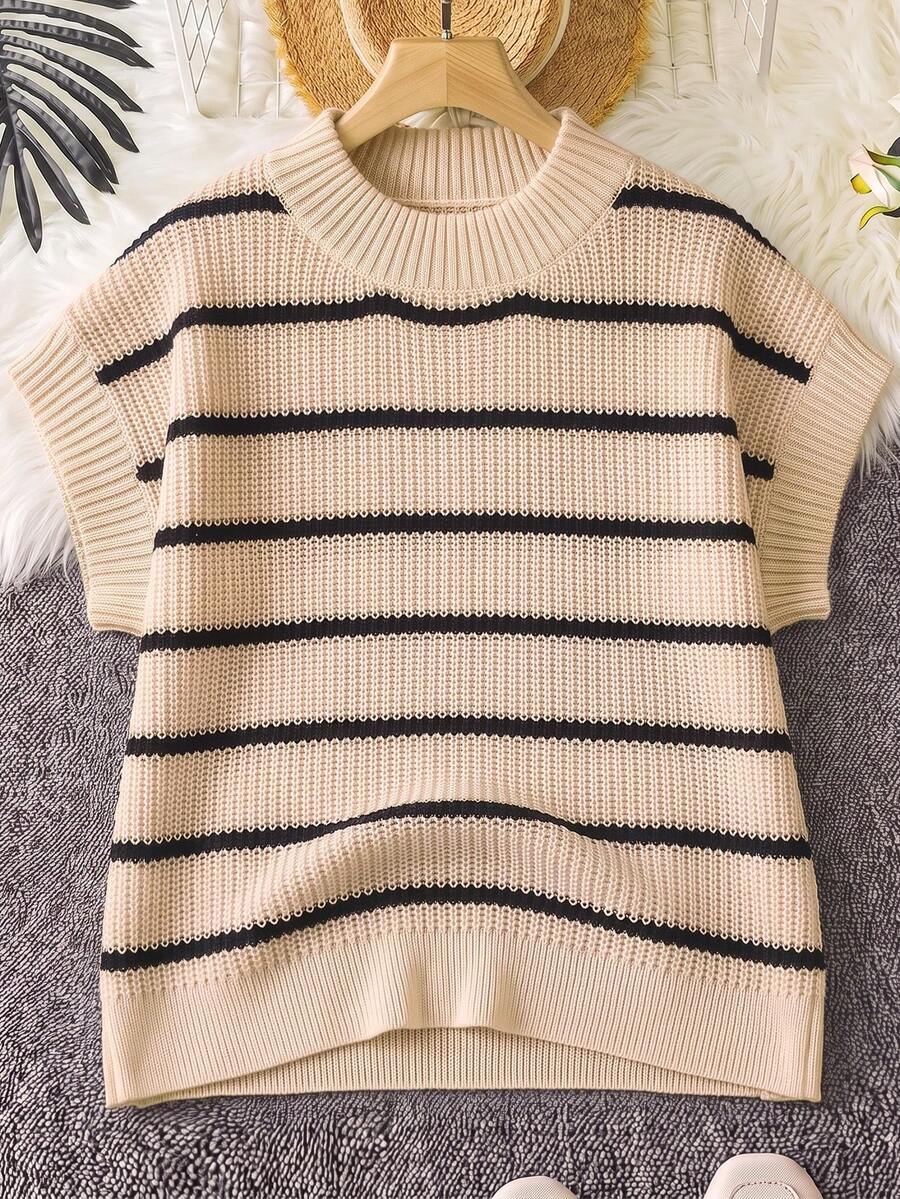 Calvaya Plus Size Striped Print Casual Daily Wear Short Sleeve Knit Top For Summer - Apricot - View 1