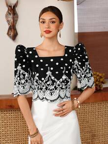 Zaforene Women's Polka Dot Floral Embroidered Pattern Casual Vintage Elegant Daily Wear Garden Party Tea Party Anniversary Blouse Black White Autumn - Apricot - View 9