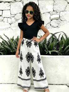 SHEIN Sparklyn Teen Girl Spring/Summer Beach Vacation Style Solid Color V-Neck Ruffle Armhole Top And Floral Satin Print Wide Leg Long Pants Set - Multicolor - View 3
