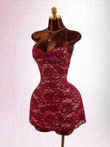 Amplova Ruched Lace Cup Backless Criss-Cross Tie Strap Dress - Burgundy - View 12