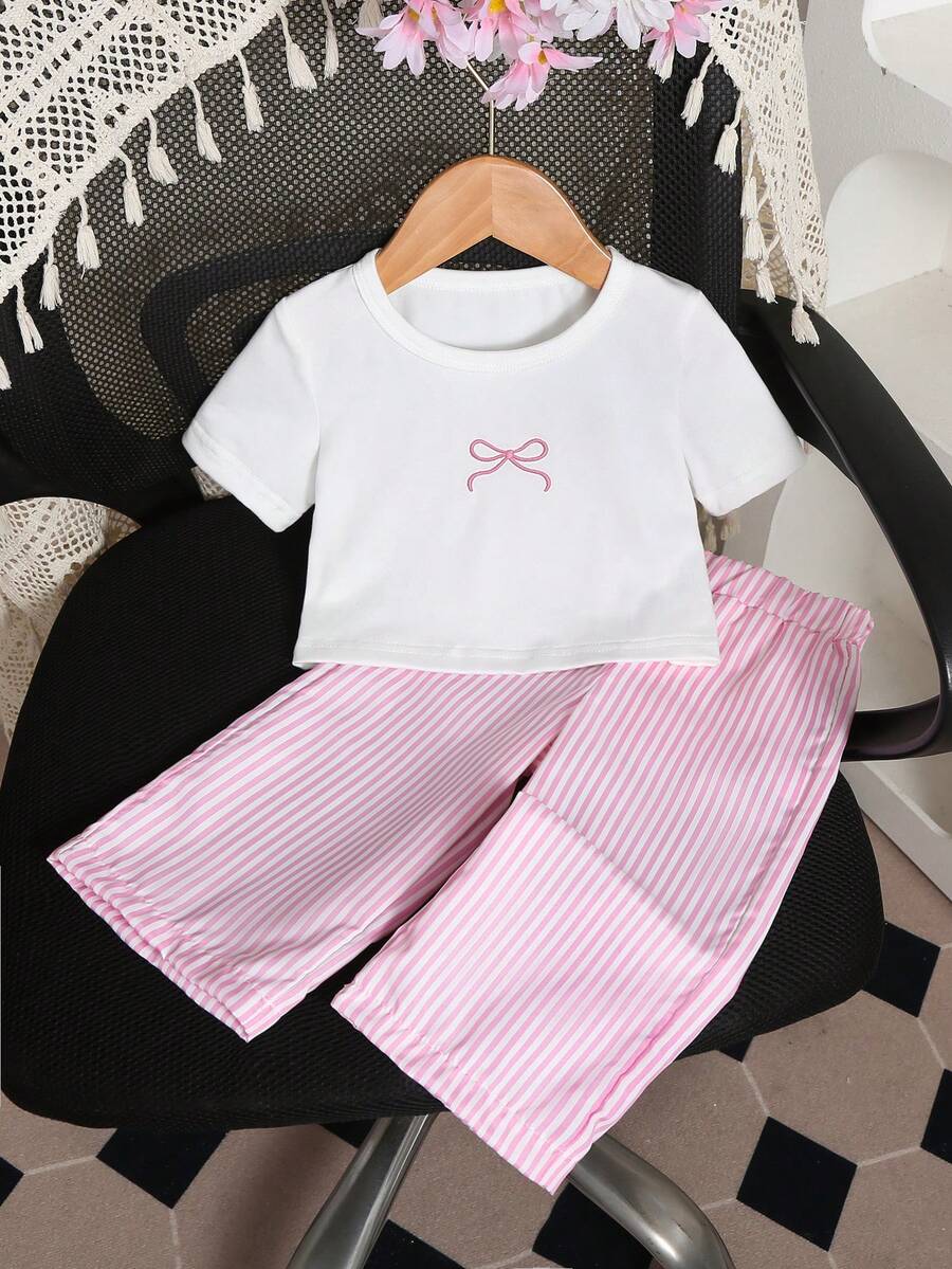 SHEIN 2件組女嬰幼兒/新生兒0-3歲可愛休閒居家/外出條紋蝴蝶結3D蝴蝶結T恤上衣+條紋長褲套裝,莫蘭迪藍嬰兒服飾,春/夏 - 粉色 - 查看 1