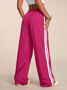 SHEIN BAE Women's Casual Daily Striped Drawstring Waist Sports Pants - Pink - View 2