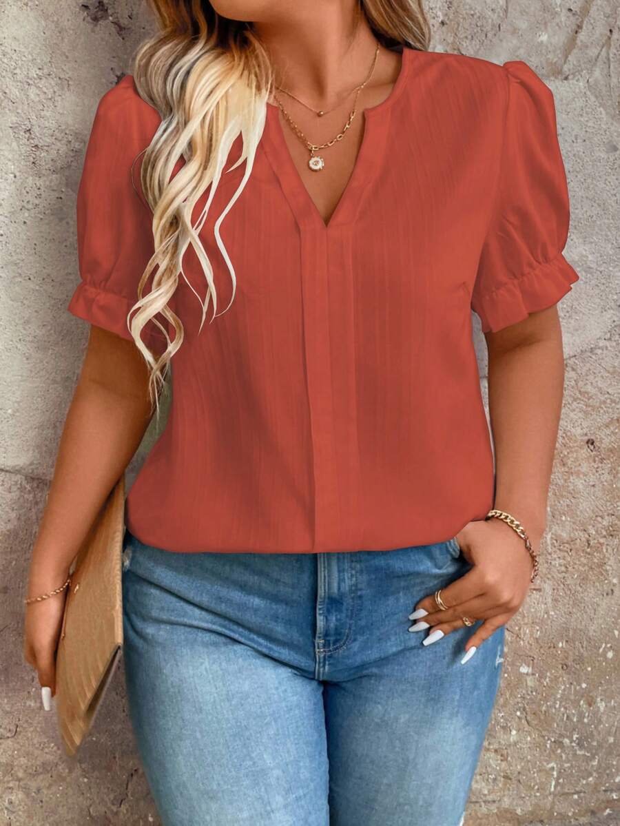 SHEIN LUNE CURVE 大尺碼夏季休閒純色缺口領襯衫 - 橘色 - 查看 1